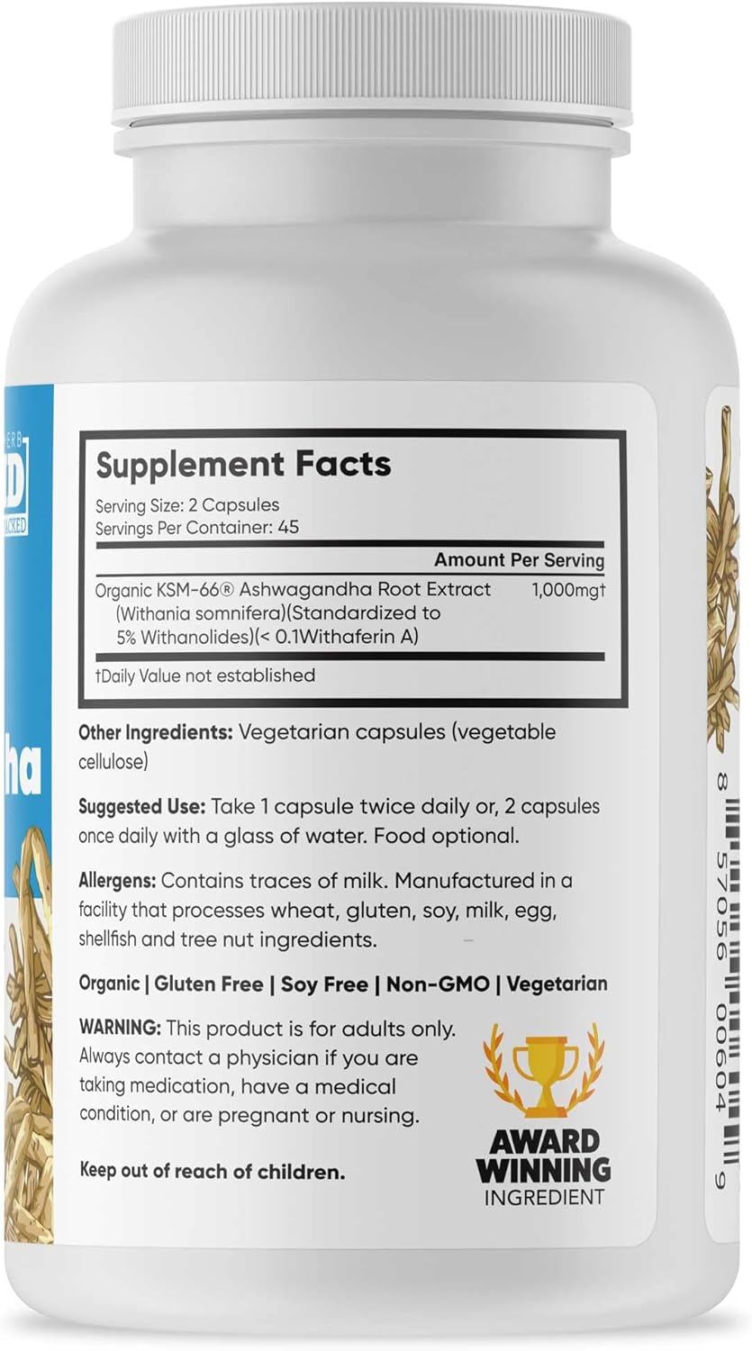 Organic KSM-66 Ashwagandha Extract 1,000mg - High Potency Cognitive & Hormone Support - 90 Capsules