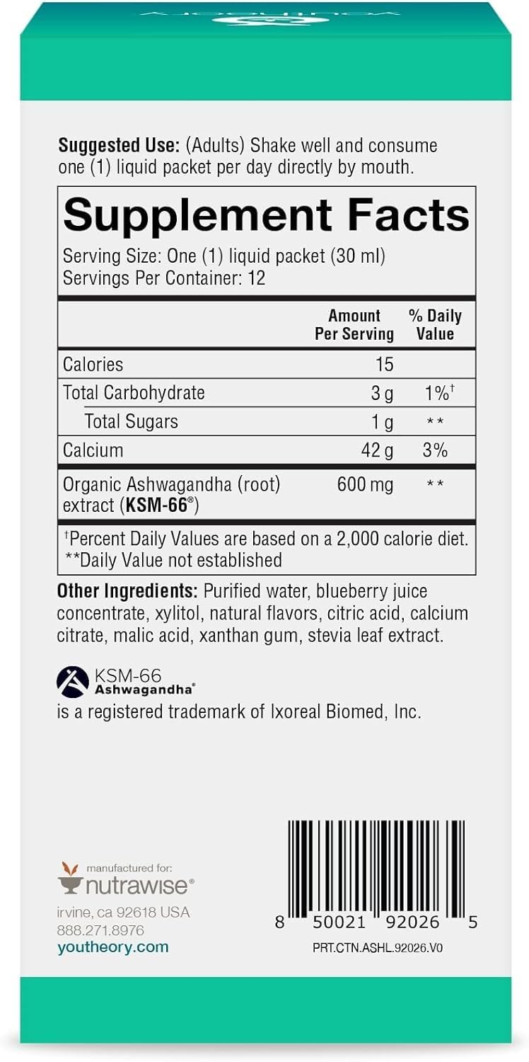 Organic KSM-66 Ashwagandha Liquid Supplement for Stress Relief - Vegan & Gluten-Free - 12 Single-Serving Packets