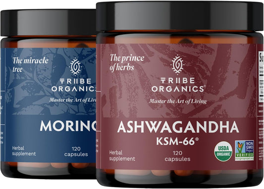 Organic KSM-66 Ashwagandha & Moringa Capsules - Vegan, 2 Month Supply for Brain Function, Focus, Energy & Strength by TRIBE ORGANICS
