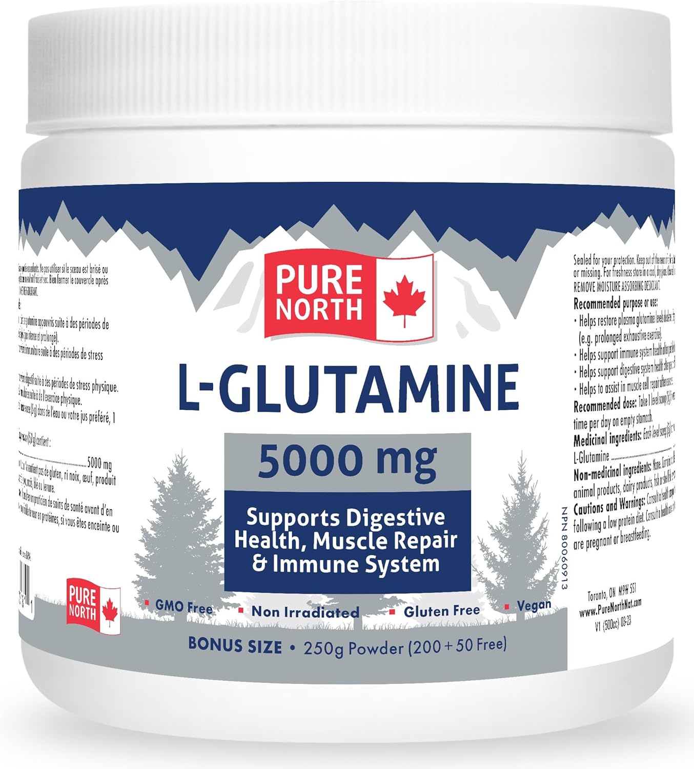 Organic L-Glutamine Powder for Gut & Digestive Health - 5000mg, 250g - Immune System & Muscle Repair Support - Made in Canada, 3rd Party Tested