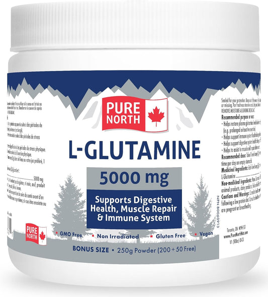 Organic L-Glutamine Powder for Gut & Digestive Health - 5000mg, 250g - Immune System & Muscle Repair Support - Made in Canada, 3rd Party Tested