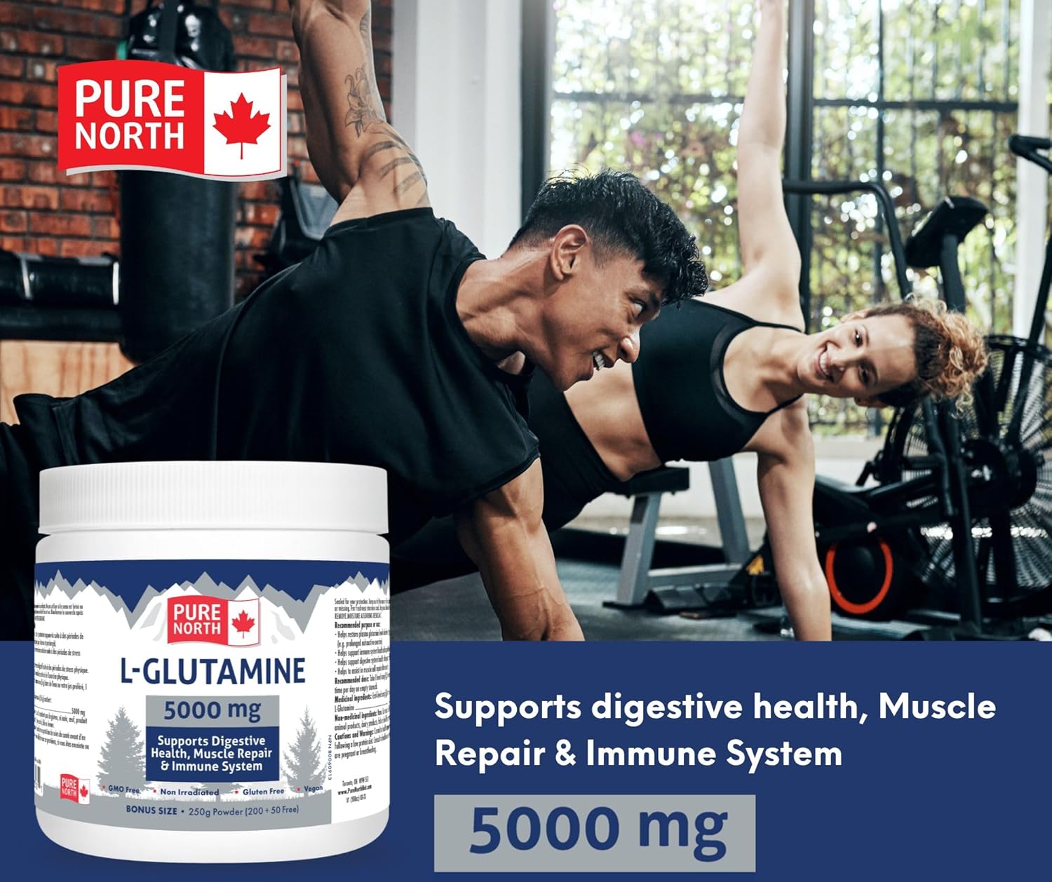 Organic L-Glutamine Powder for Gut & Digestive Health - 5000mg, 250g - Immune System & Muscle Repair Support - Made in Canada, 3rd Party Tested