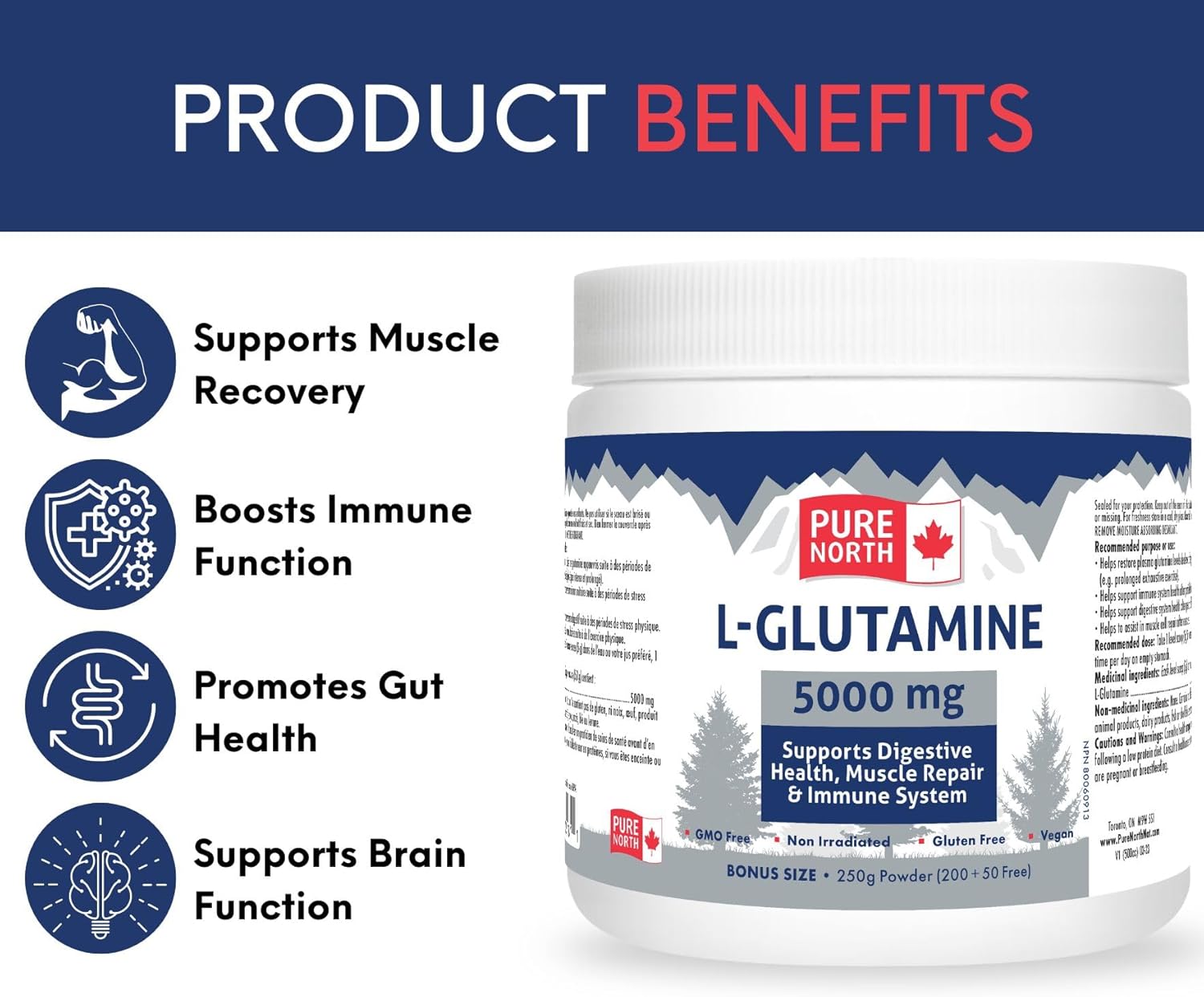 Organic L-Glutamine Powder for Gut & Digestive Health - 5000mg, 250g - Immune System & Muscle Repair Support - Made in Canada, 3rd Party Tested