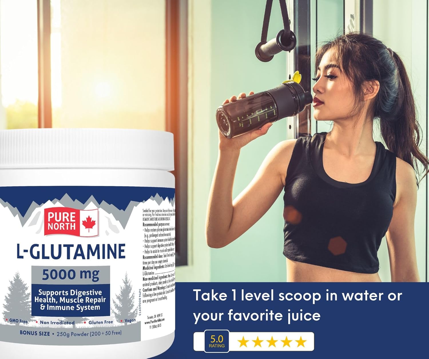 Organic L-Glutamine Powder for Gut & Digestive Health - 5000mg, 250g - Immune System & Muscle Repair Support - Made in Canada, 3rd Party Tested