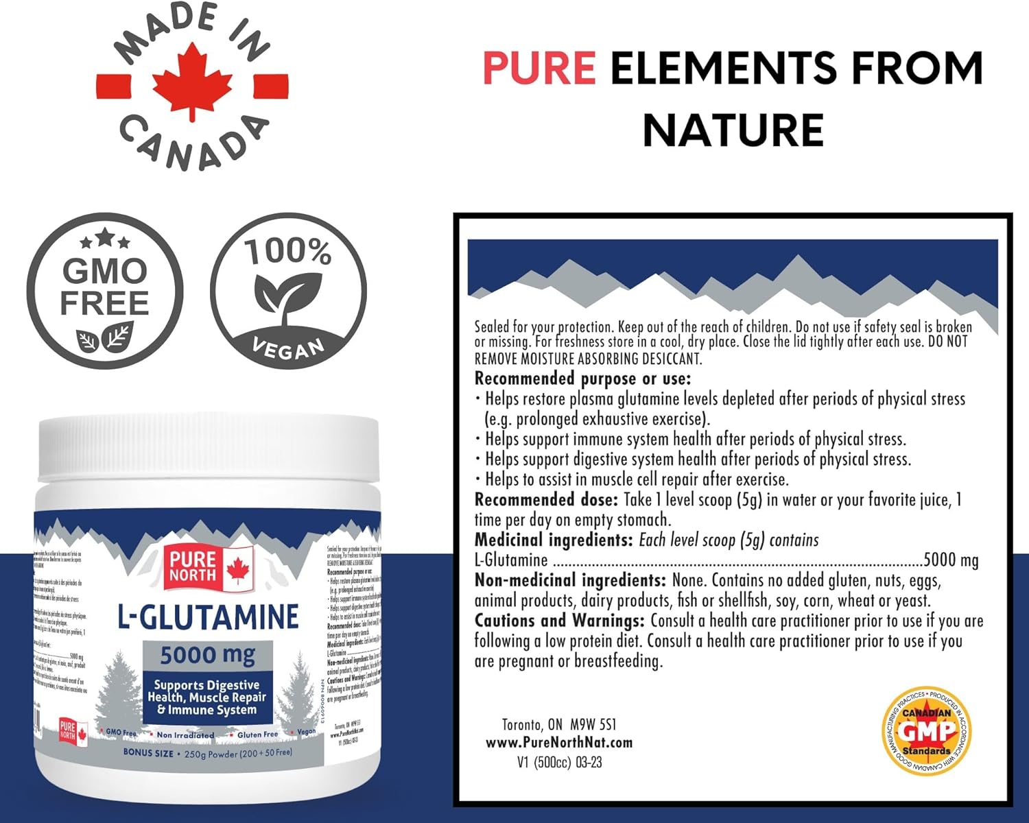 Organic L-Glutamine Powder for Gut & Digestive Health - 5000mg, 250g - Immune System & Muscle Repair Support - Made in Canada, 3rd Party Tested