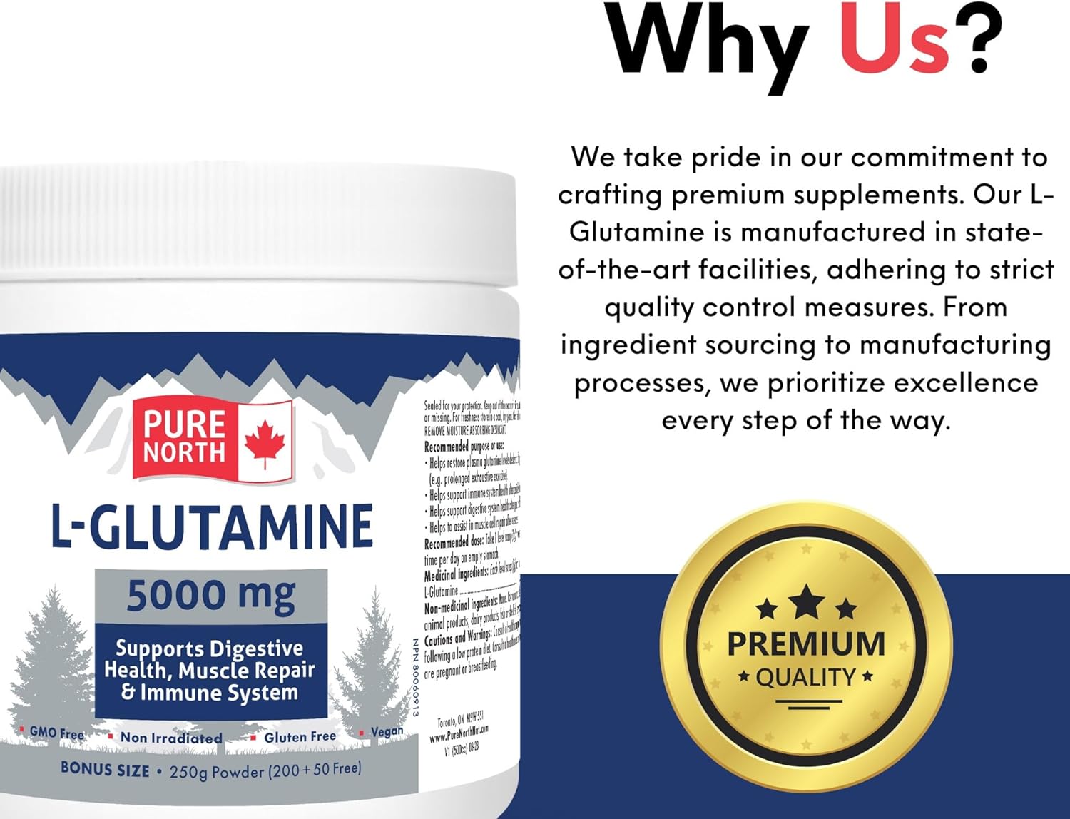 Organic L-Glutamine Powder for Gut & Digestive Health - 5000mg, 250g - Immune System & Muscle Repair Support - Made in Canada, 3rd Party Tested