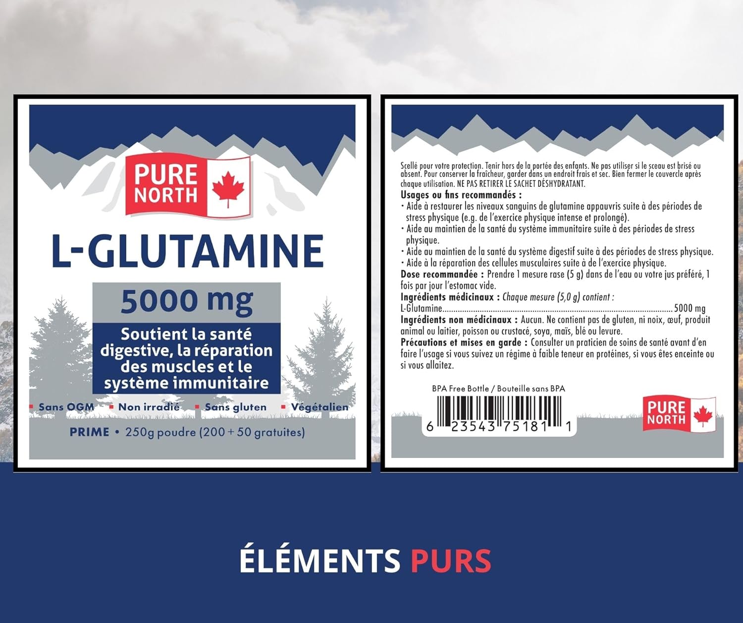 Organic L-Glutamine Powder for Gut & Digestive Health - 5000mg, 250g - Immune System & Muscle Repair Support - Made in Canada, 3rd Party Tested