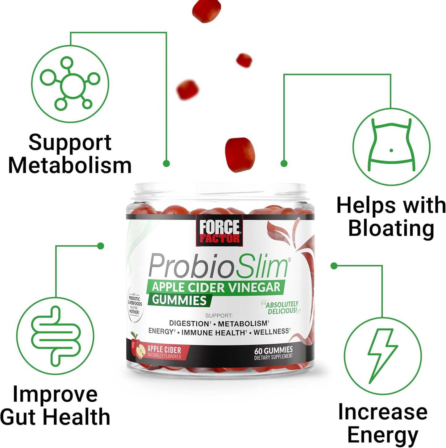 Organic LactoSpore Probiotic Apple Cider Vinegar Gummies for Digestion, Metabolism, and Immune Health, 60 Count
