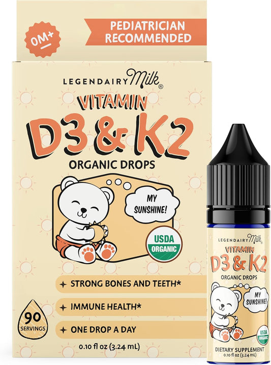 Organic Legendairy Milk Baby Vitamin D3 K2 Liquid Drops - 400 IU, Vegan, 90 Drops for Infants, Newborns, Toddlers, Kids