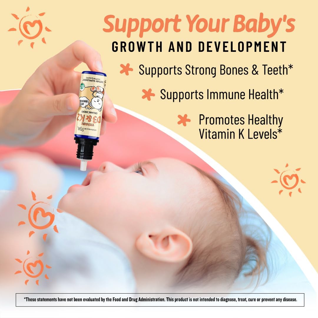 Organic Legendairy Milk Baby Vitamin D3 K2 Liquid Drops - 400 IU, Vegan, 90 Drops for Infants, Newborns, Toddlers, Kids