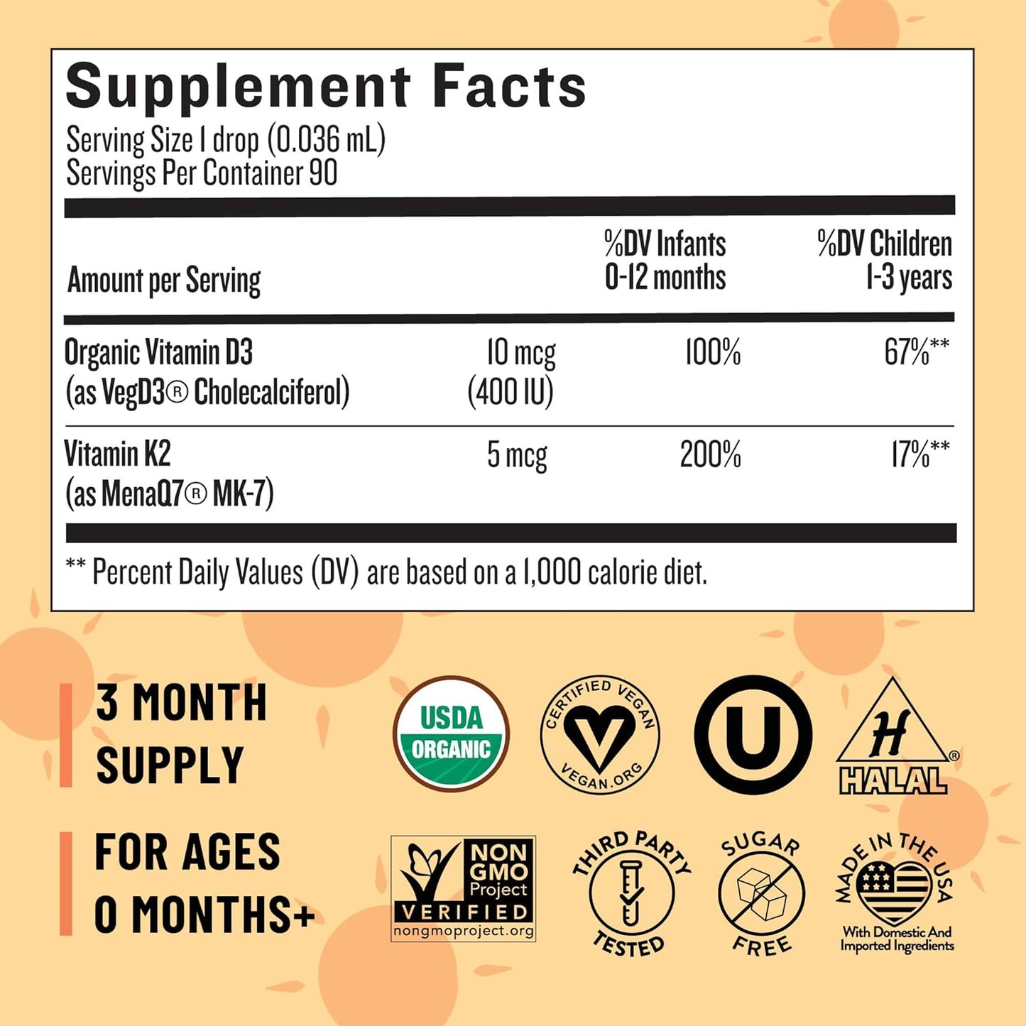 Organic Legendairy Milk Baby Vitamin D3 K2 Liquid Drops - 400 IU, Vegan, 90 Drops for Infants, Newborns, Toddlers, Kids