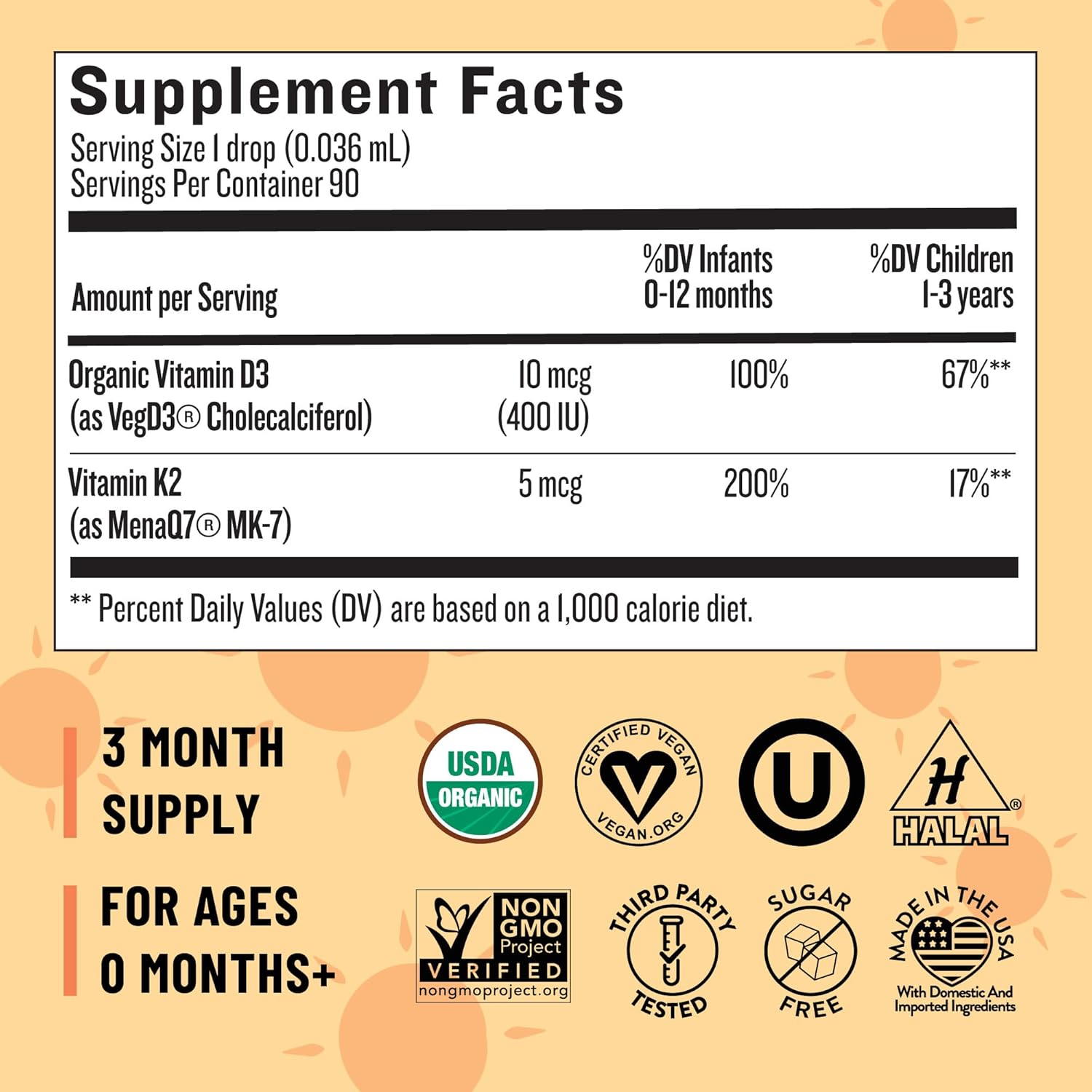 Organic Legendairy Milk Baby Vitamin D3 K2 Liquid Drops - 400 IU, Vegan, 90 Drops for Infants, Newborns, Toddlers, Kids