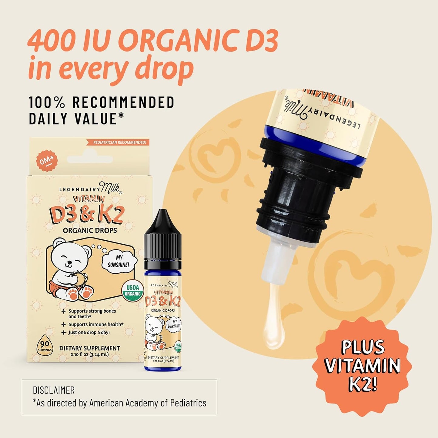 Organic Legendairy Milk Baby Vitamin D3 K2 Liquid Drops - 400 IU, Vegan, 90 Drops for Infants, Newborns, Toddlers, Kids