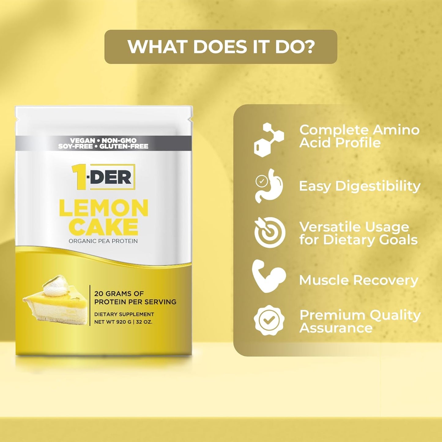 Organic Lemon Cake Pea Protein Powder Isolate - Plant Based, Vegan & Vegetarian. Easy Digestion, Muscle Recovery. Non-GMO, No Lactose, Soy, Gluten - 23 Servings.