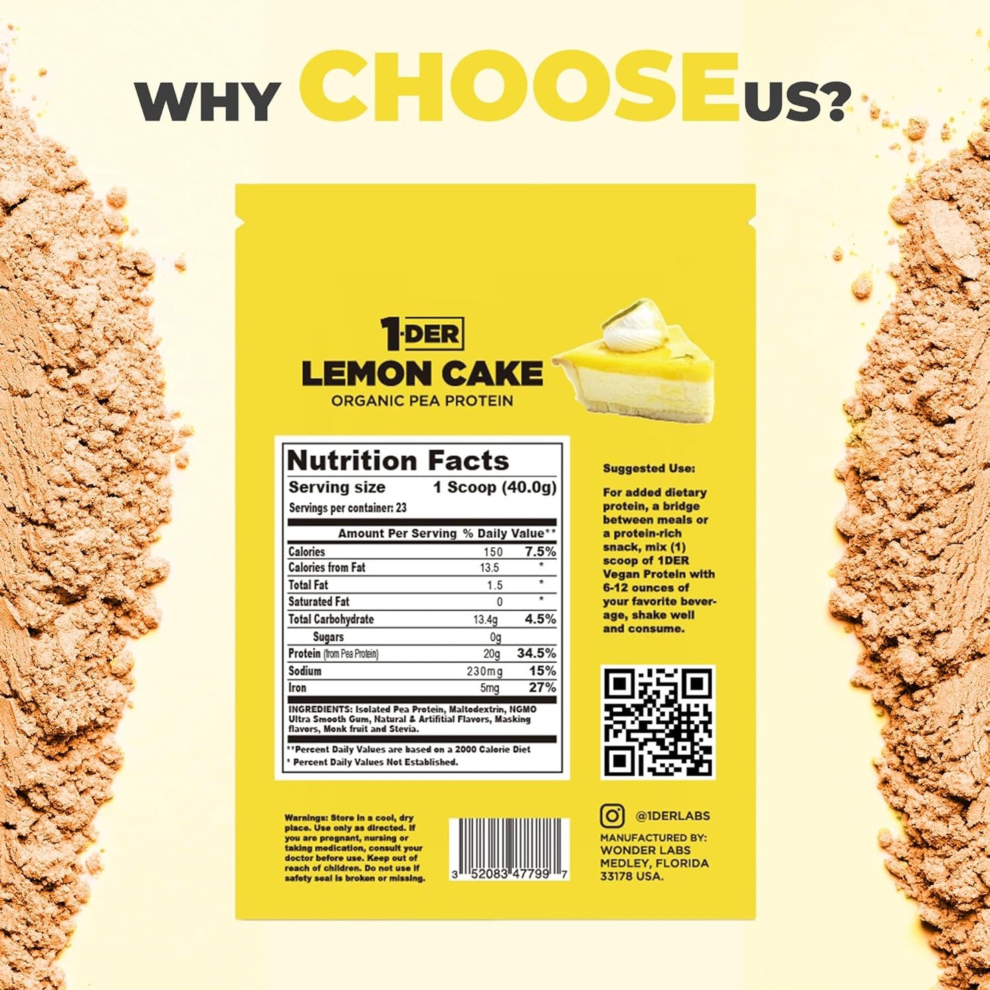 Organic Lemon Cake Pea Protein Powder Isolate - Plant Based, Vegan & Vegetarian. Easy Digestion, Muscle Recovery. Non-GMO, No Lactose, Soy, Gluten - 23 Servings.