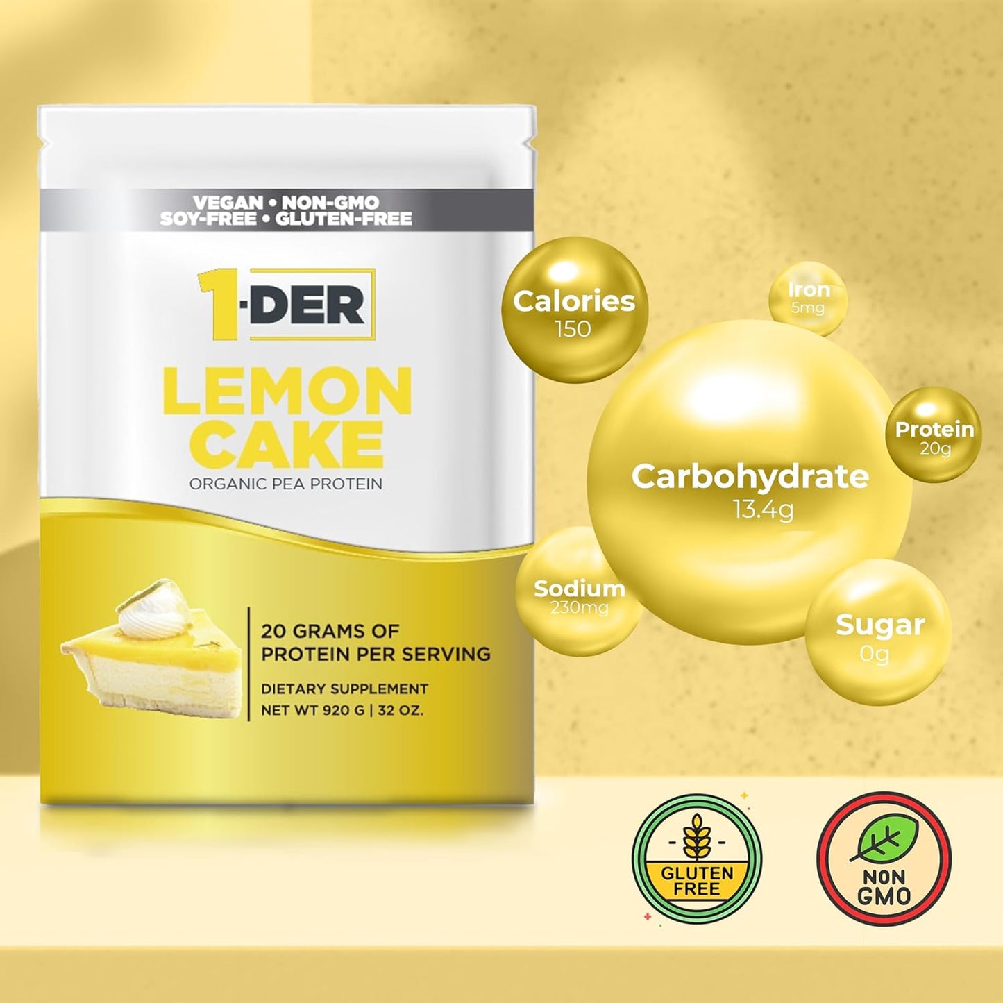 Organic Lemon Cake Pea Protein Powder Isolate - Plant Based, Vegan & Vegetarian. Easy Digestion, Muscle Recovery. Non-GMO, No Lactose, Soy, Gluten - 23 Servings.