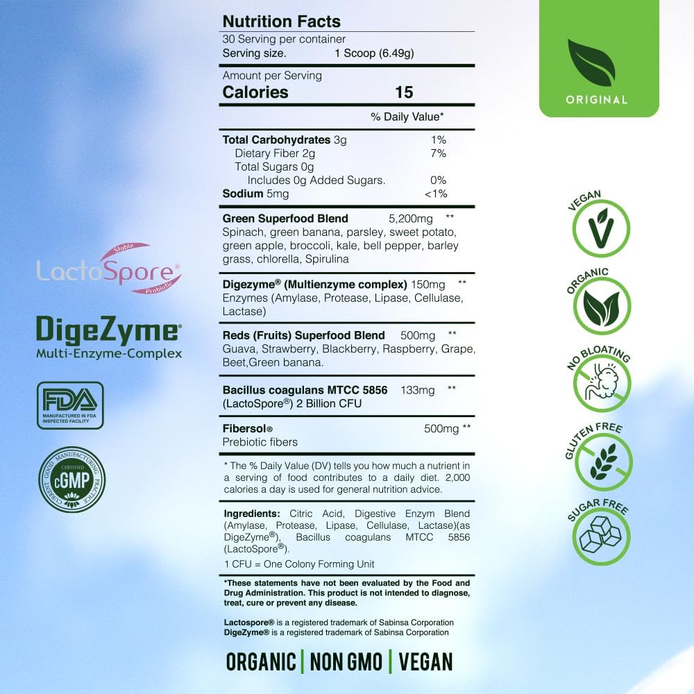 Organic Lemon Citrus SuperGreens Probiotics with Digestive Enzymes for Bloating Relief - Gluten-Free Energy Boost - 30+ SuperReds