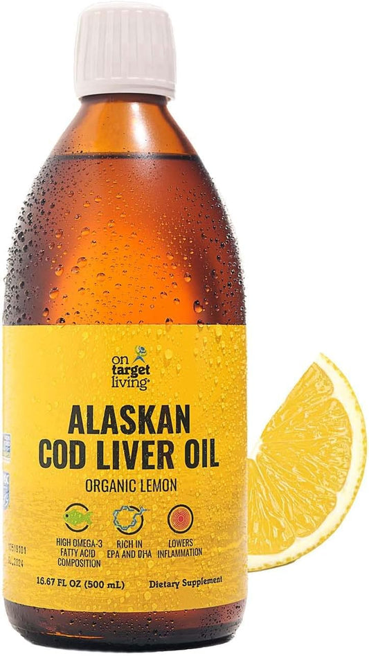 Organic Lemon Flavored Alaskan Cod Liver Oil Liquid | 16.67 oz | Line Caught in USA | High Omega 3 DHA/EPA | Vitamin D | Non-GMO