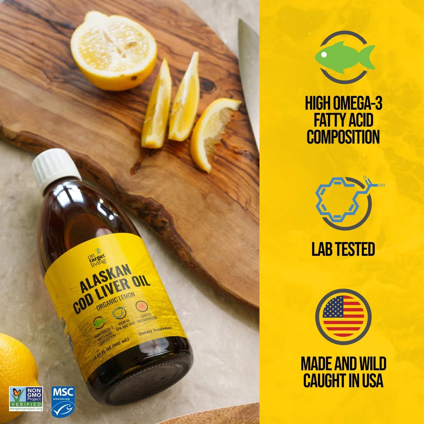 Organic Lemon Flavored Alaskan Cod Liver Oil Liquid | 16.67 oz | Line Caught in USA | High Omega 3 DHA/EPA | Vitamin D | Non-GMO