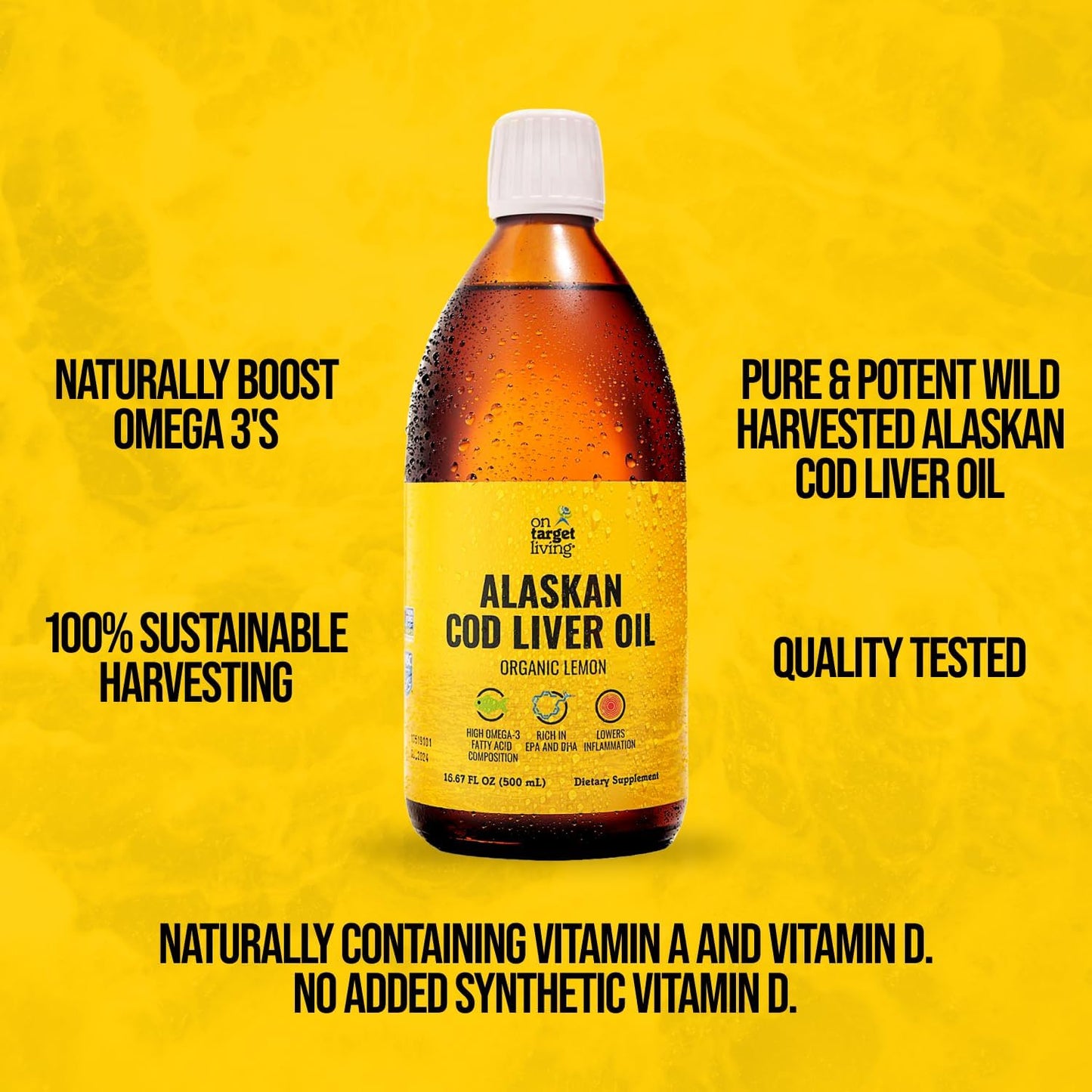 Organic Lemon Flavored Alaskan Cod Liver Oil Liquid | 16.67 oz | Line Caught in USA | High Omega 3 DHA/EPA | Vitamin D | Non-GMO