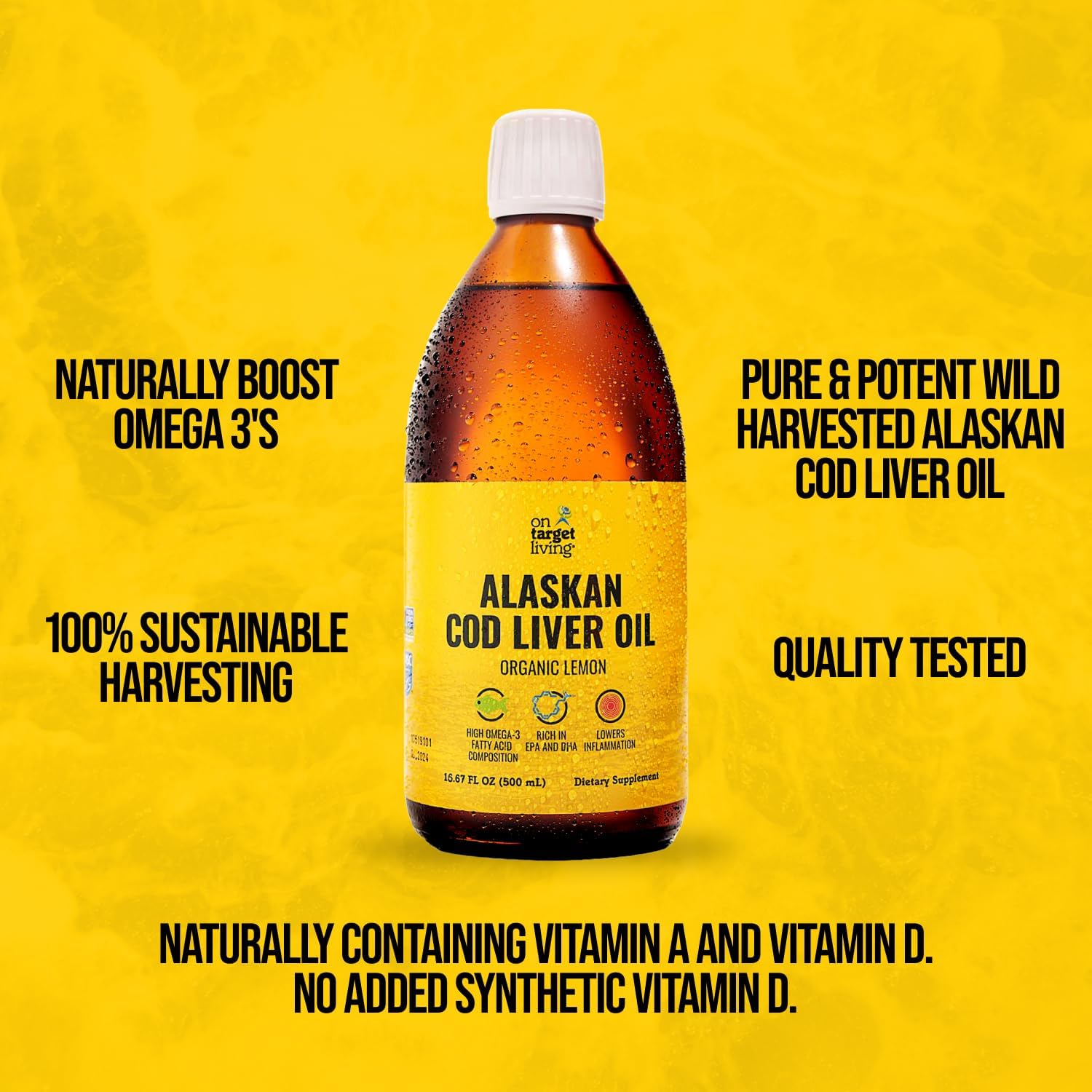 Organic Lemon Flavored Alaskan Cod Liver Oil Liquid | 16.67 oz | Line Caught in USA | High Omega 3 DHA/EPA | Vitamin D | Non-GMO