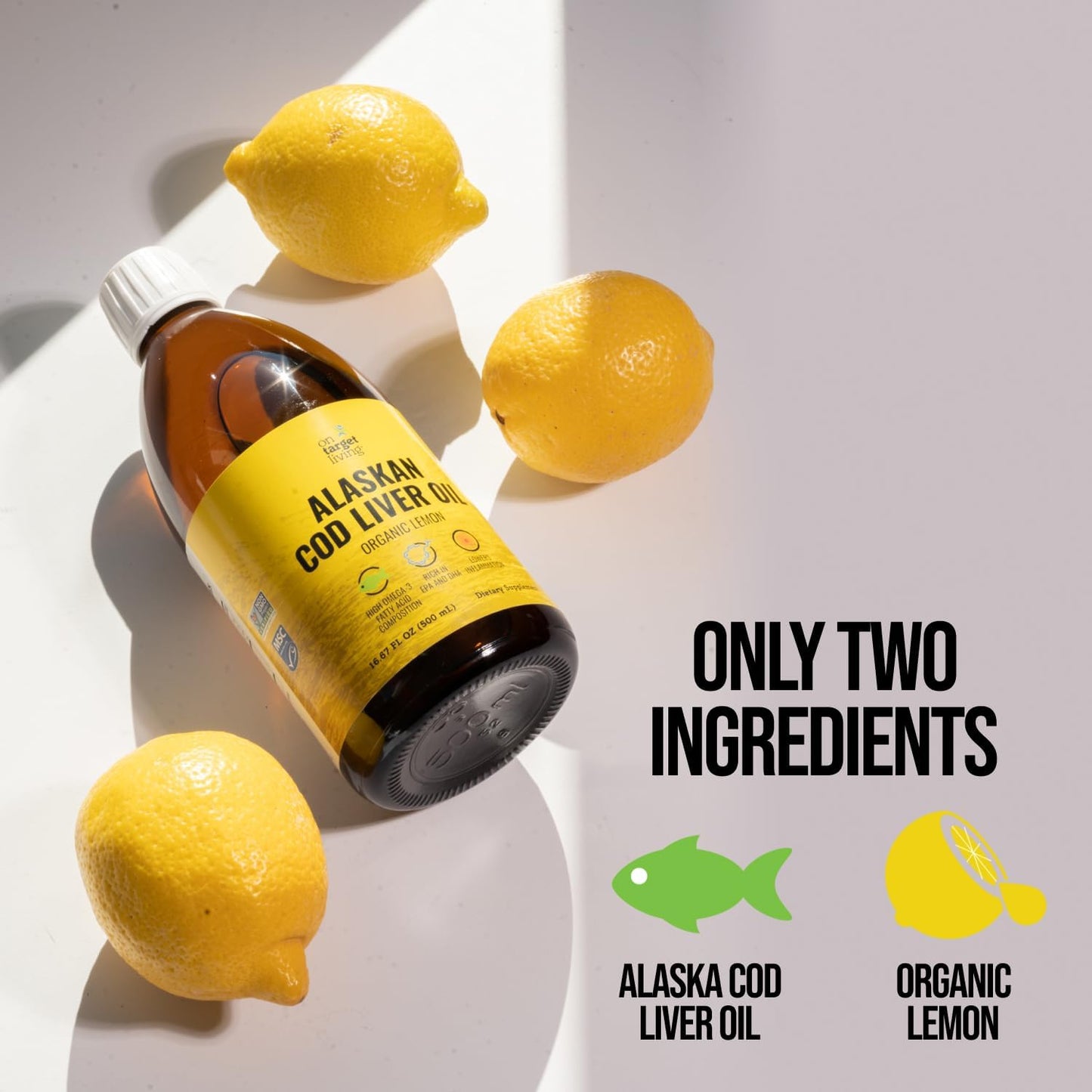 Organic Lemon Flavored Alaskan Cod Liver Oil Liquid | 16.67 oz | Line Caught in USA | High Omega 3 DHA/EPA | Vitamin D | Non-GMO