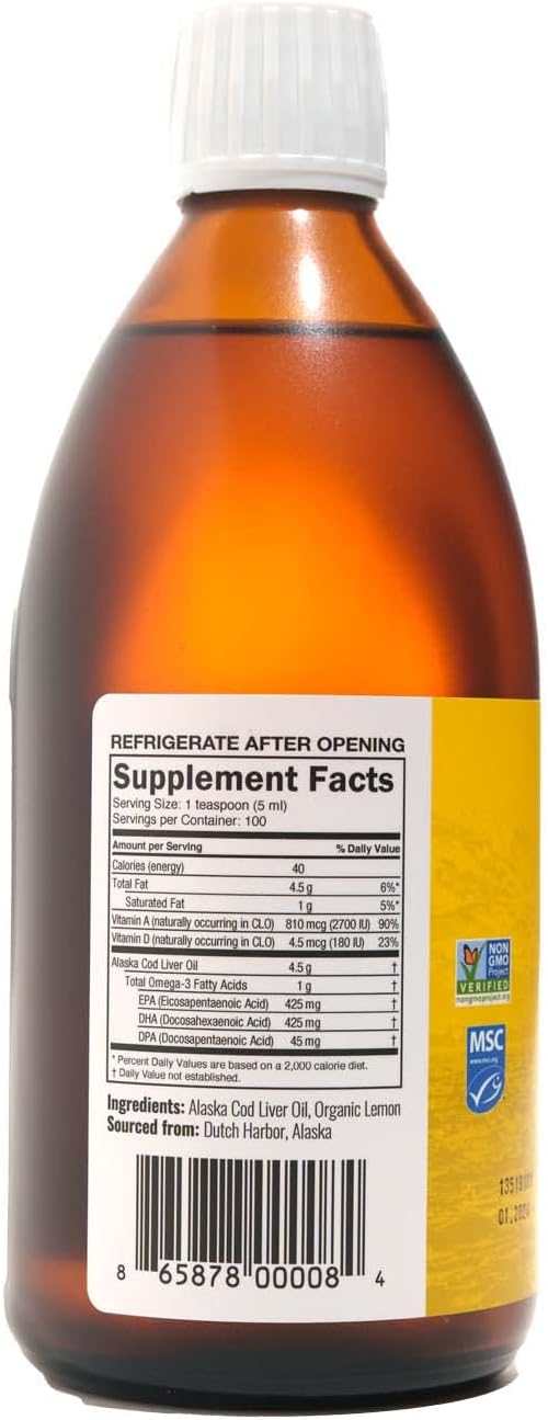 Organic Lemon Flavored Alaskan Cod Liver Oil Liquid | 16.67 oz | Line Caught in USA | High Omega 3 DHA/EPA | Vitamin D | Non-GMO