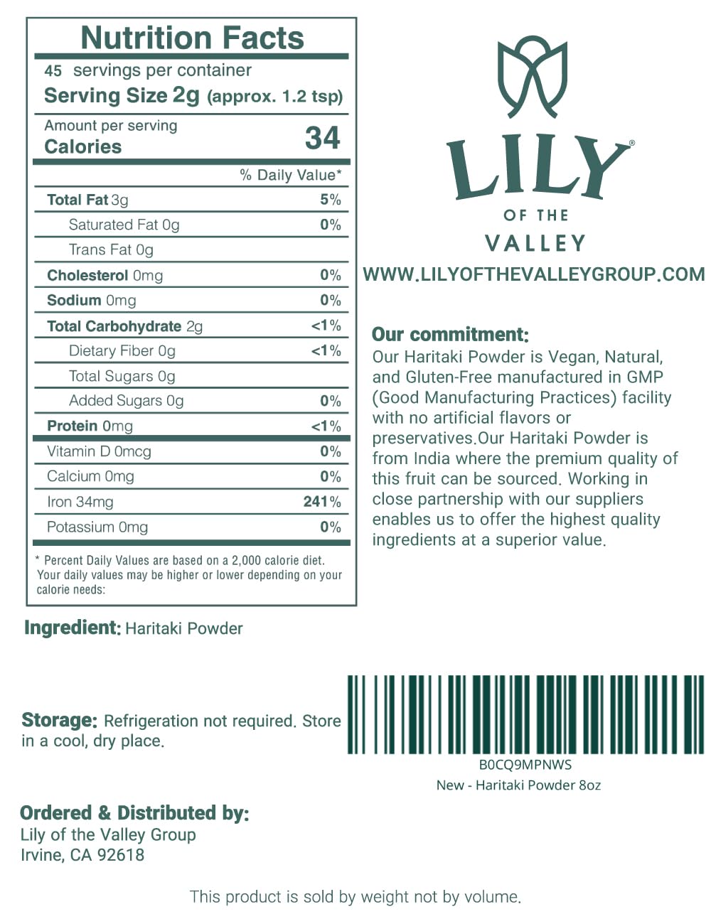 Organic Lily of the Valley Haritaki Powder from India - Ayurvedic Herb - 100% Natural, Vegan, Gluten-Free - 8oz Pack