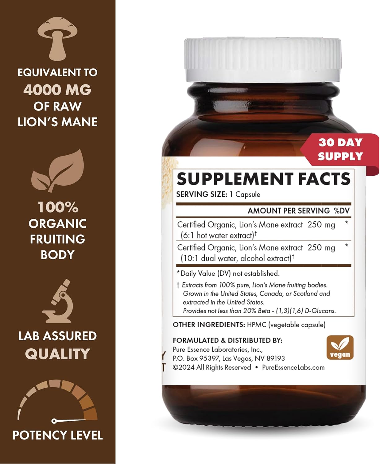 Organic Lion's Mane 8X Capsules for Cognitive Performance & Mental Clarity - Pure Essence Labs MyPure Lion's Mane, 30 Count