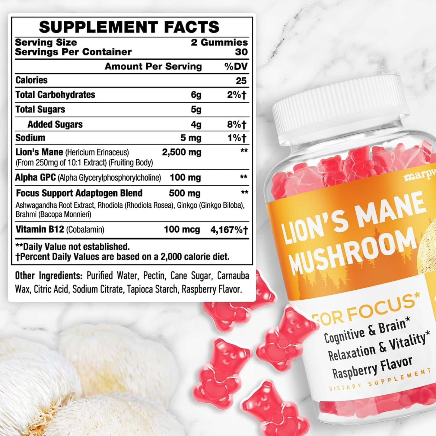 Organic Lions Mane & Ashwagandha Gummies for Memory, Focus & Immune Support - 60 Mushroom Gummies