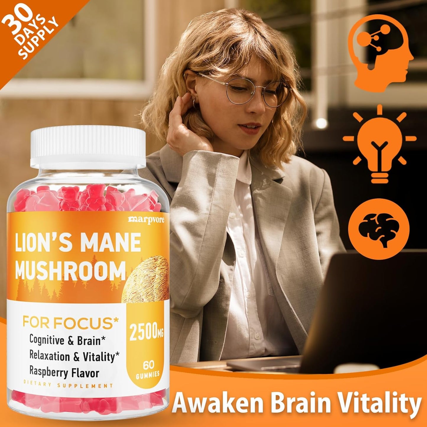 Organic Lions Mane & Ashwagandha Gummies for Memory, Focus & Immune Support - 60 Mushroom Gummies