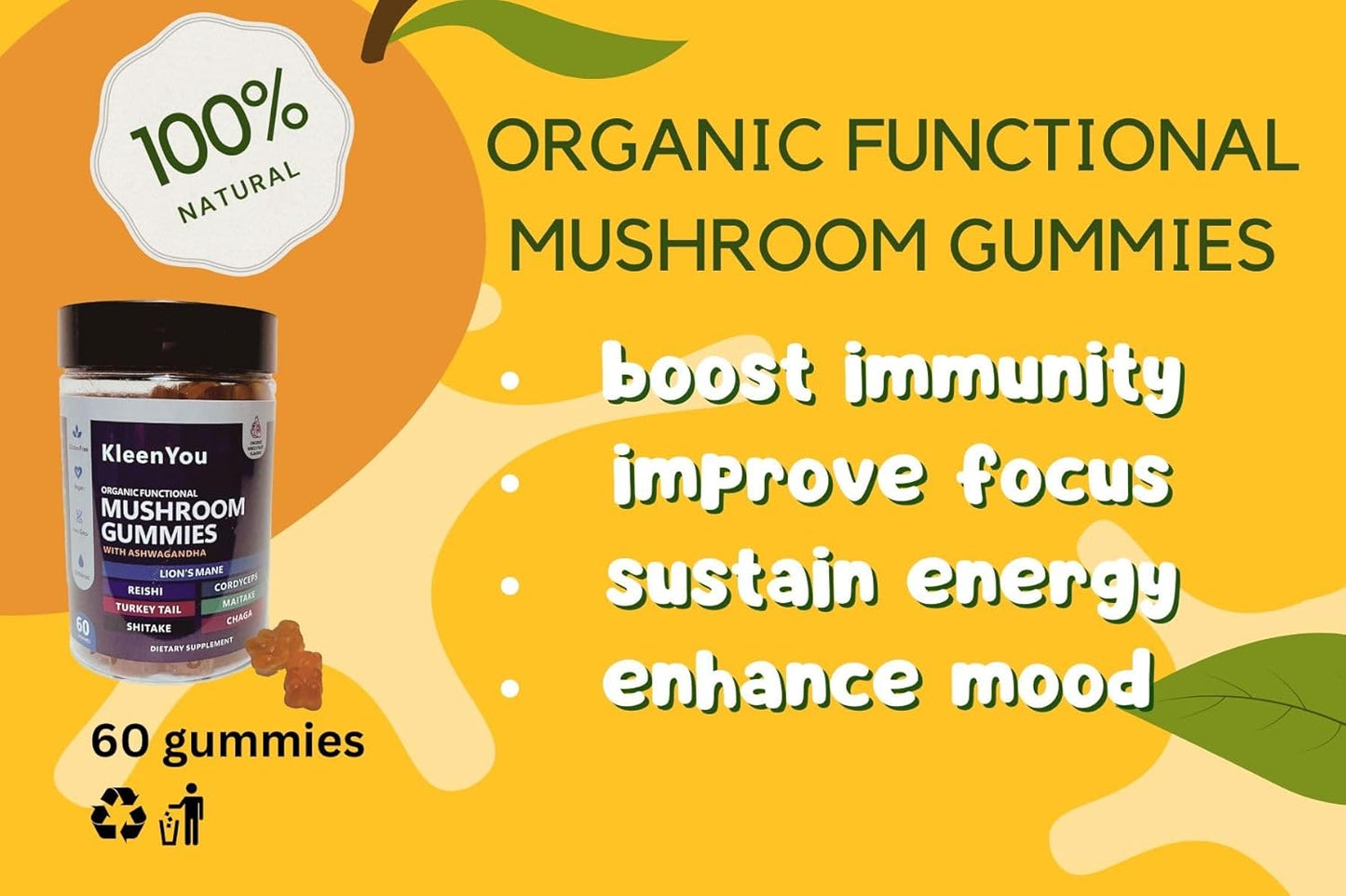 Organic Lion's Mane & Ashwagandha Gummies with Reishi & Cordyceps - Vegan Mushroom Supplement for Cognitive & Immune Support - 60 Low Carb Gummies