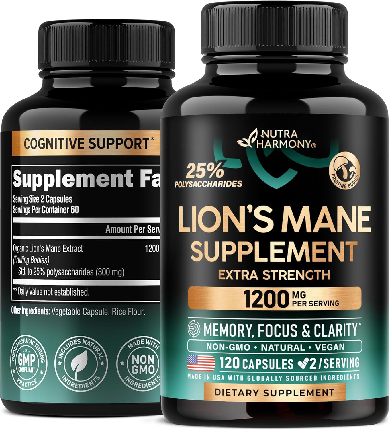 Organic Lions Mane Capsules 1200mg - USA-Made Fruiting Bodies Extract - Memory & Focus Support - 2 Month Supply