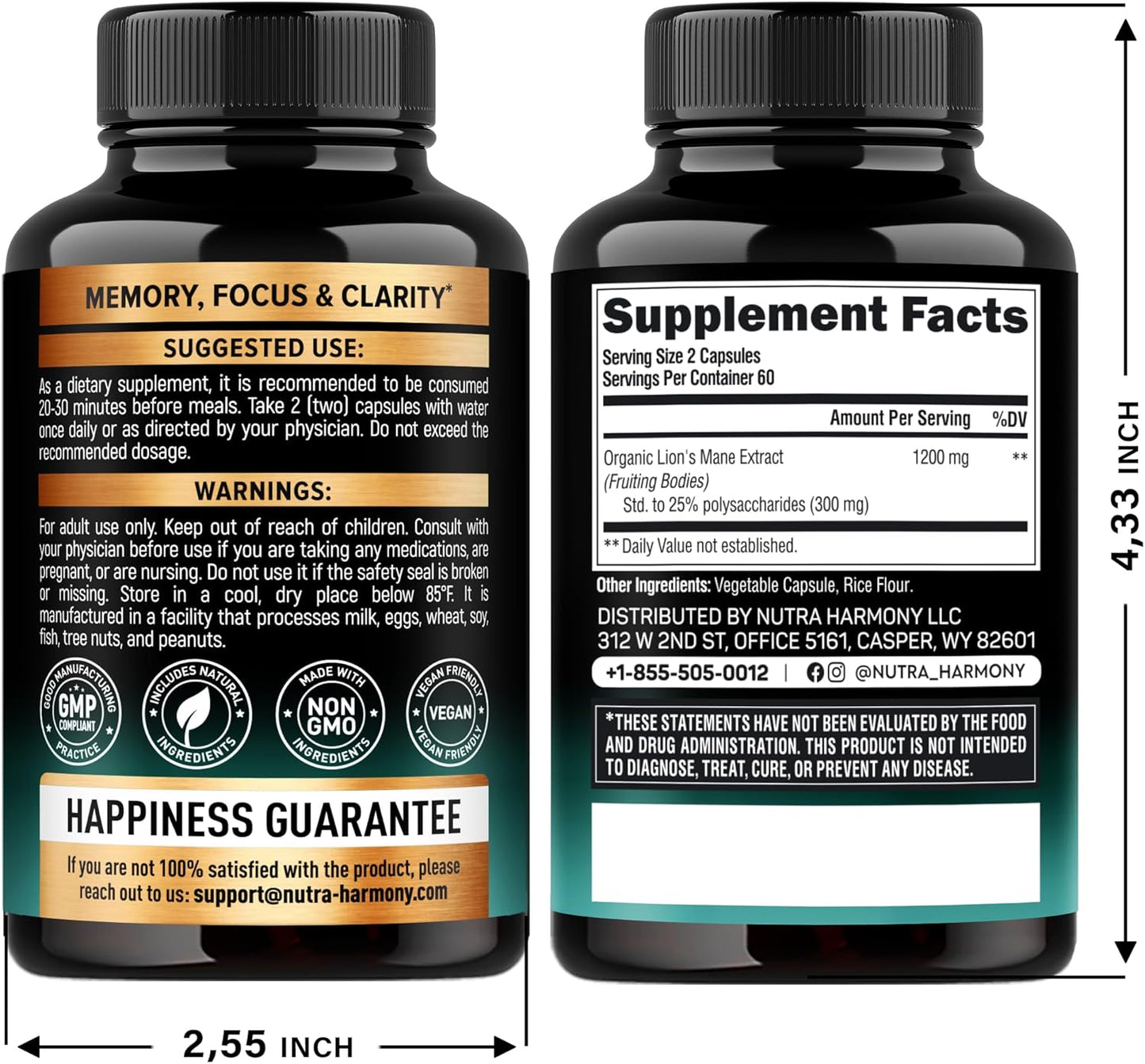 Organic Lions Mane Capsules 1200mg - USA-Made Fruiting Bodies Extract - Memory & Focus Support - 2 Month Supply