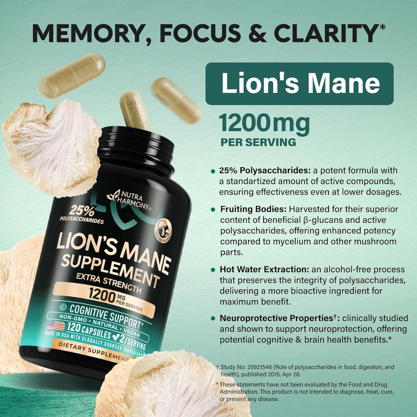 Organic Lions Mane Capsules 1200mg - USA-Made Fruiting Bodies Extract - Memory & Focus Support - 2 Month Supply