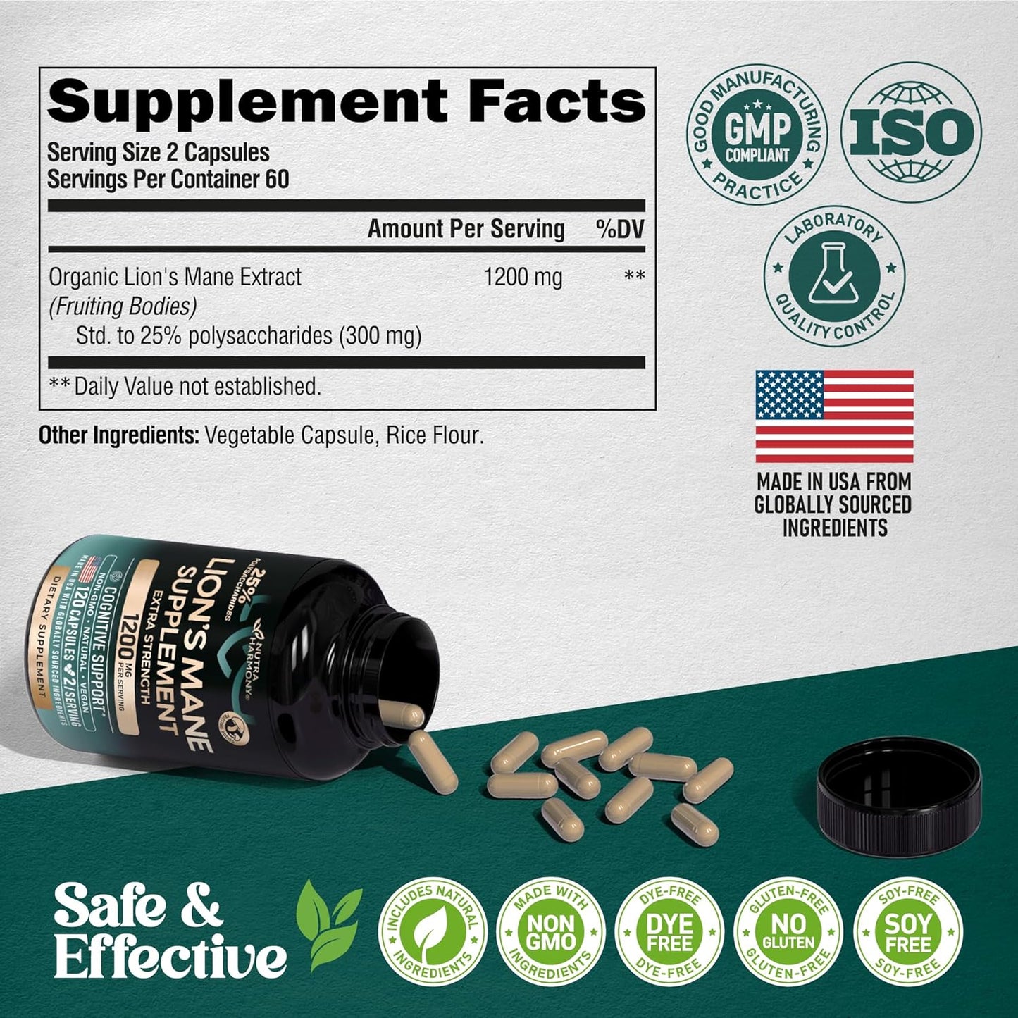 Organic Lions Mane Capsules 1200mg - USA-Made Fruiting Bodies Extract - Memory & Focus Support - 2 Month Supply