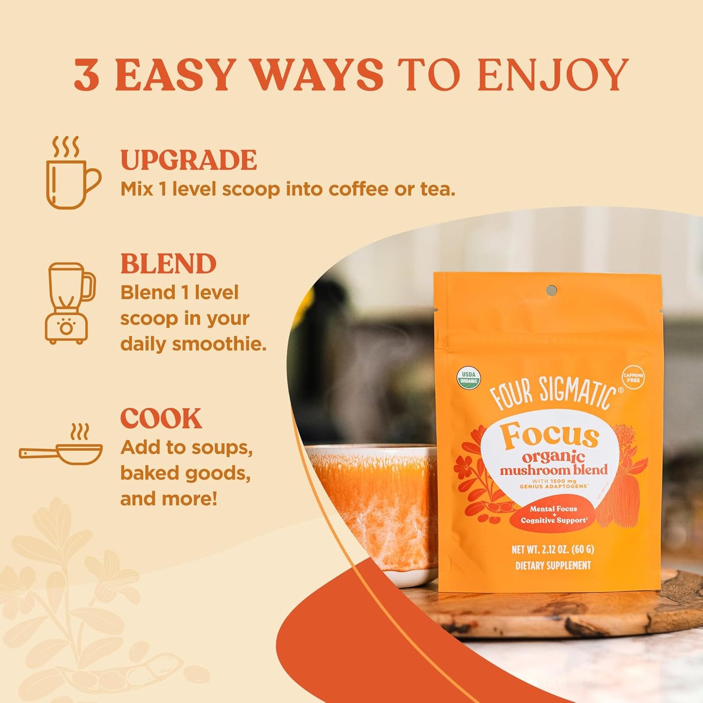 Organic Lion's Mane Focus Blend with Adaptogens & Mushroom Blend | Cordyceps, Rhodiola, Bacopa, Mucuna | 30 Servings