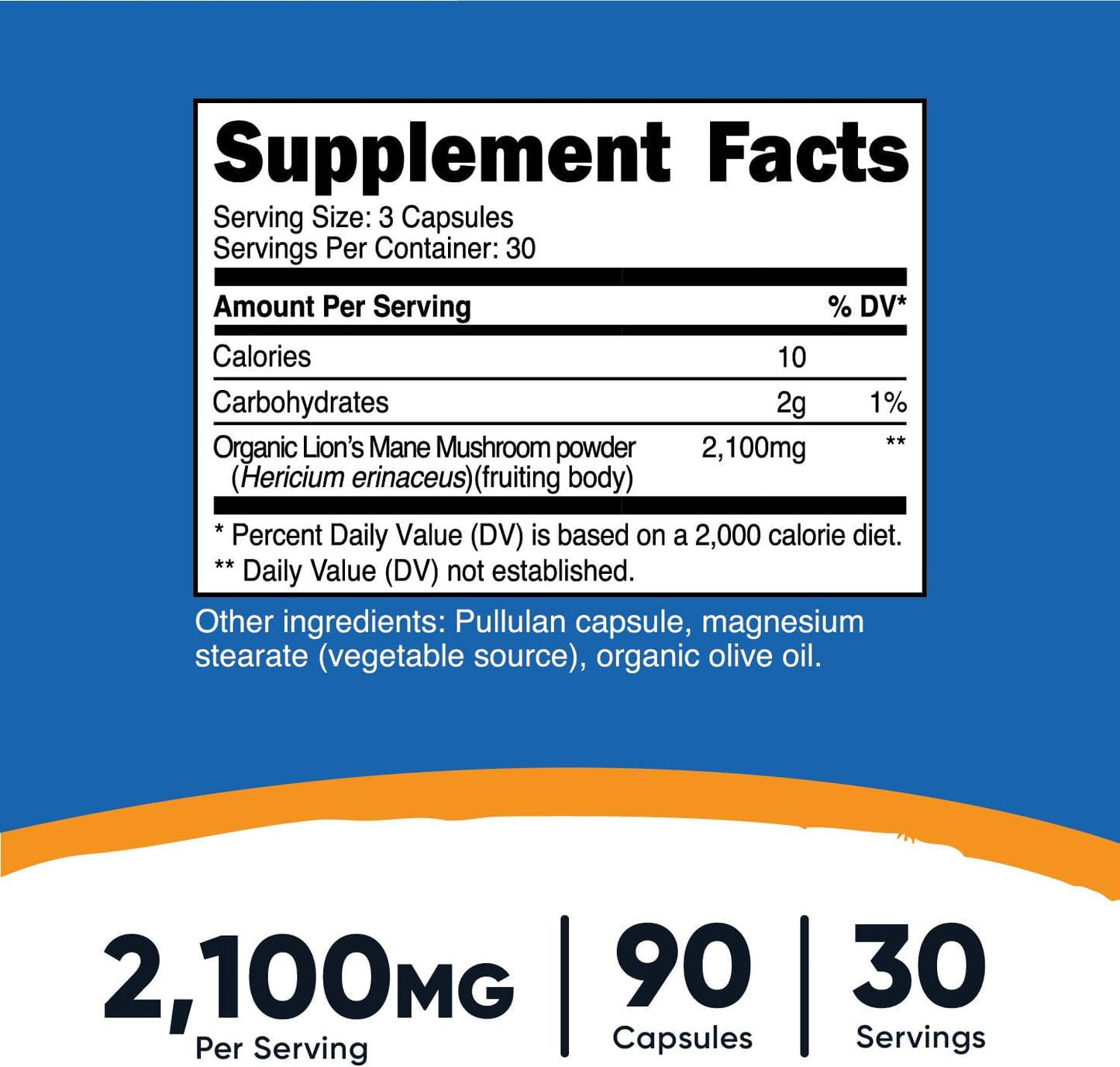 Organic Lion's Mane Mushroom Capsules 1650mg - Vegetarian, Gluten Free, 90 Capsules