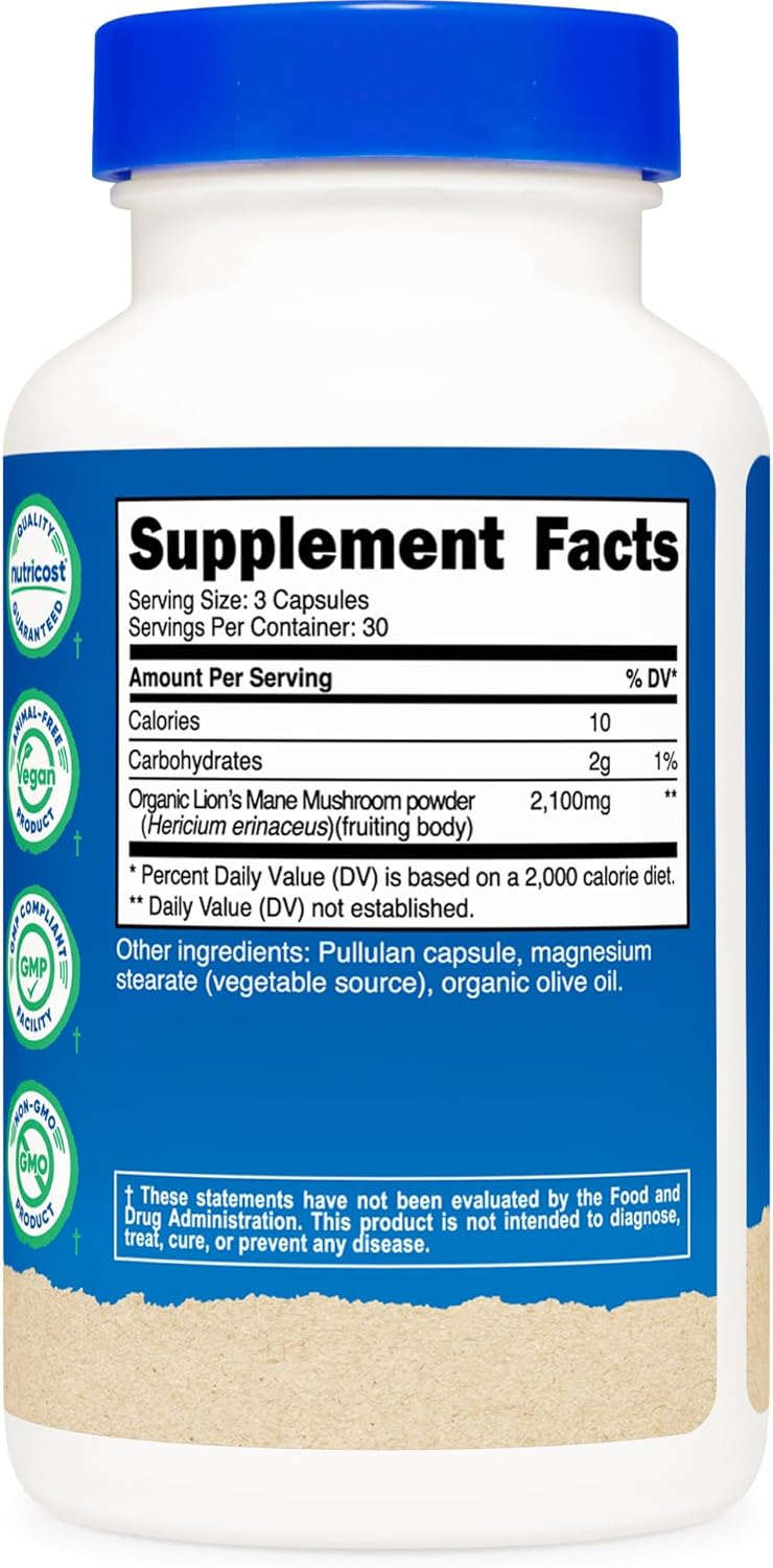 Organic Lion's Mane Mushroom Capsules 1650mg - Vegetarian, Gluten Free, 90 Capsules