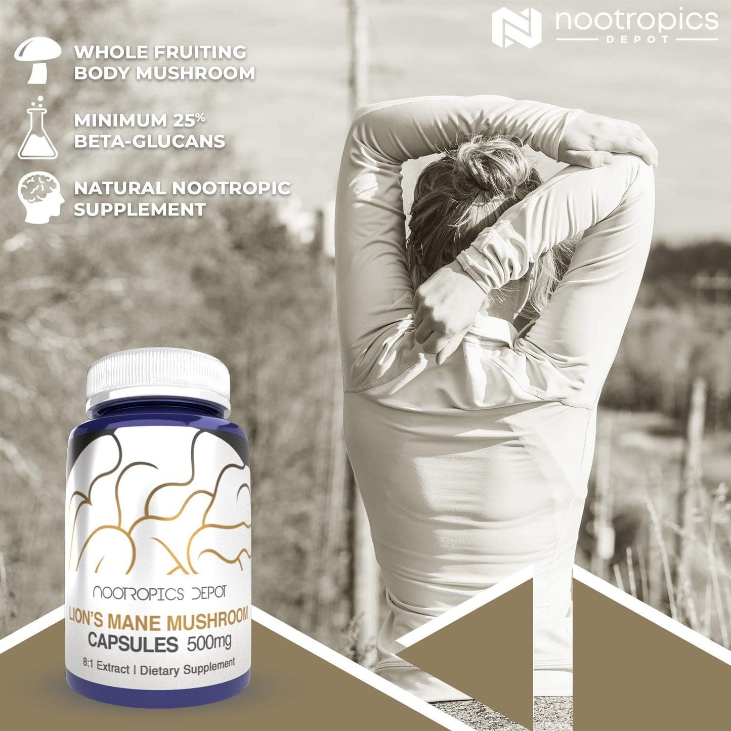 Organic Lions Mane Mushroom Capsules | 500mg | 60 Count | Hericium erinaceus Extract | Brain Health Supplement | Neuroprotective + Mood Booster