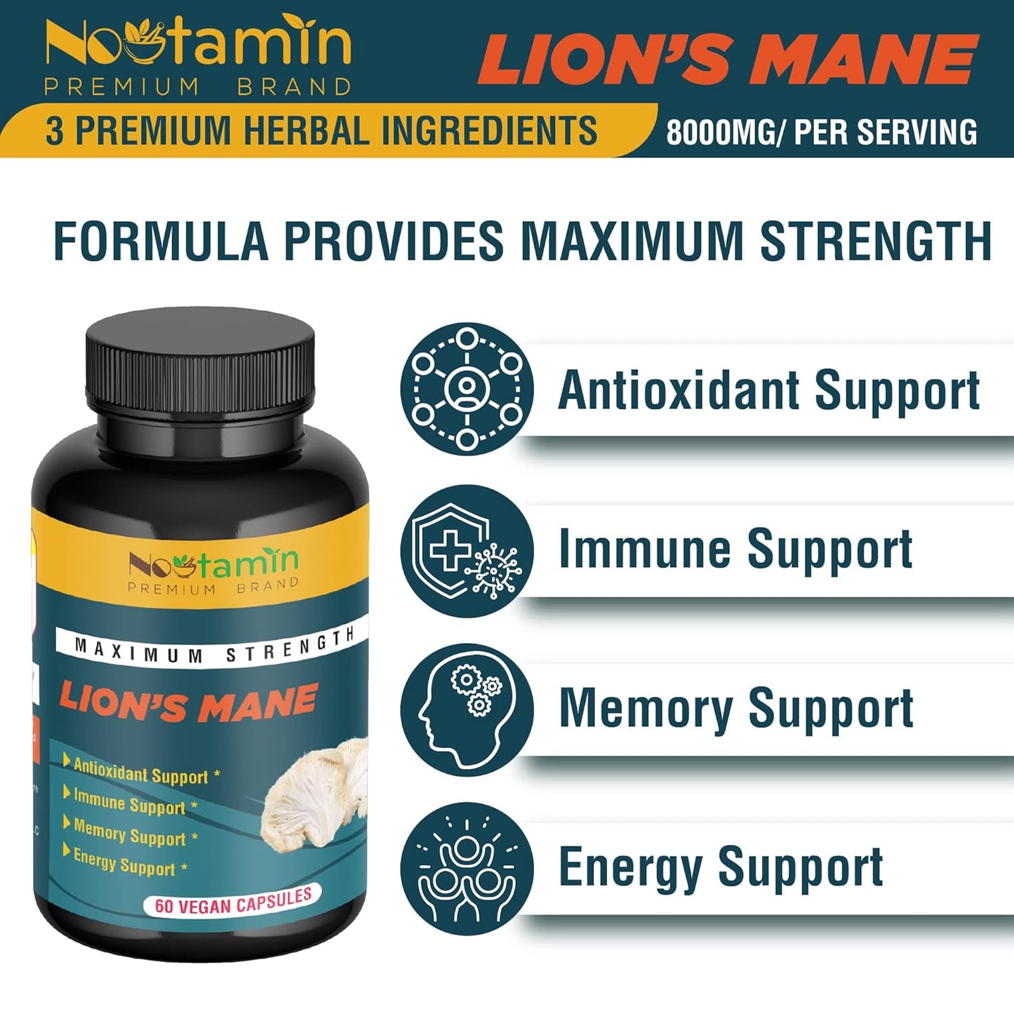 Organic Lions Mane Mushroom Capsules 8000mg - Nootropic Brain Support with Ginkgo Biloba and Panax Ginseng - Memory, Focus, Immune Boost