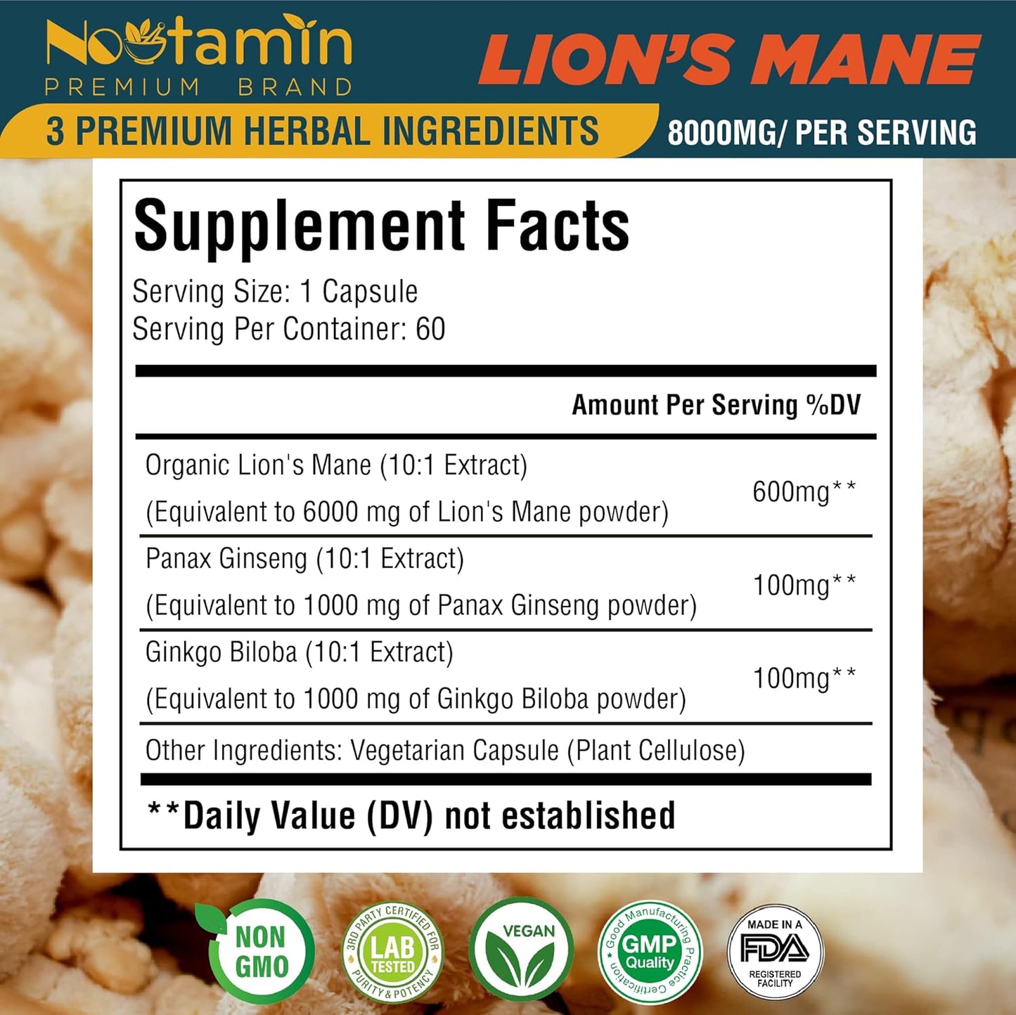 Organic Lions Mane Mushroom Capsules 8000mg - Nootropic Brain Support with Ginkgo Biloba and Panax Ginseng - Memory, Focus, Immune Boost