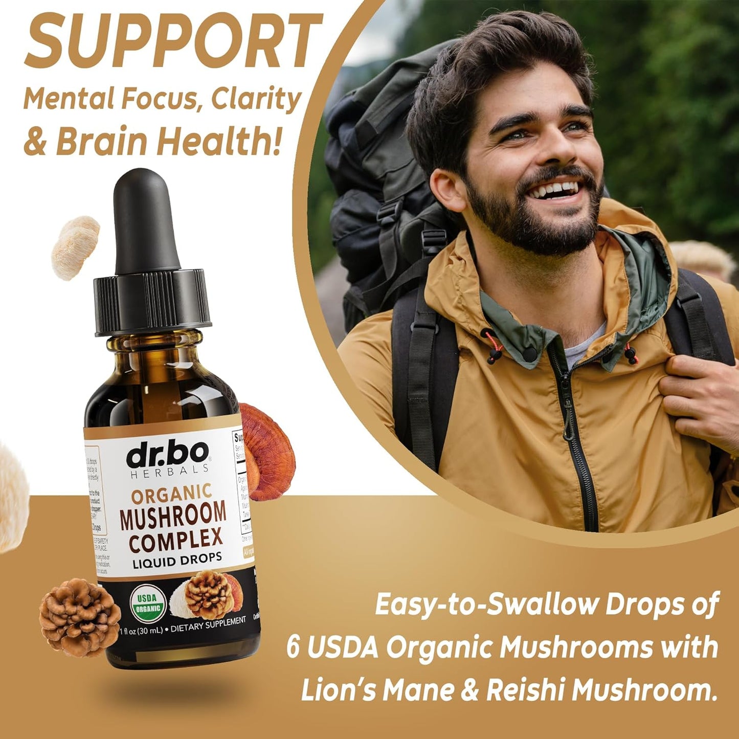 Organic Lions Mane Mushroom Complex Liquid Drops - Focus & Brain Health Supplement with Reishi & Turkey Tail Extracts - Vegan 1oz
