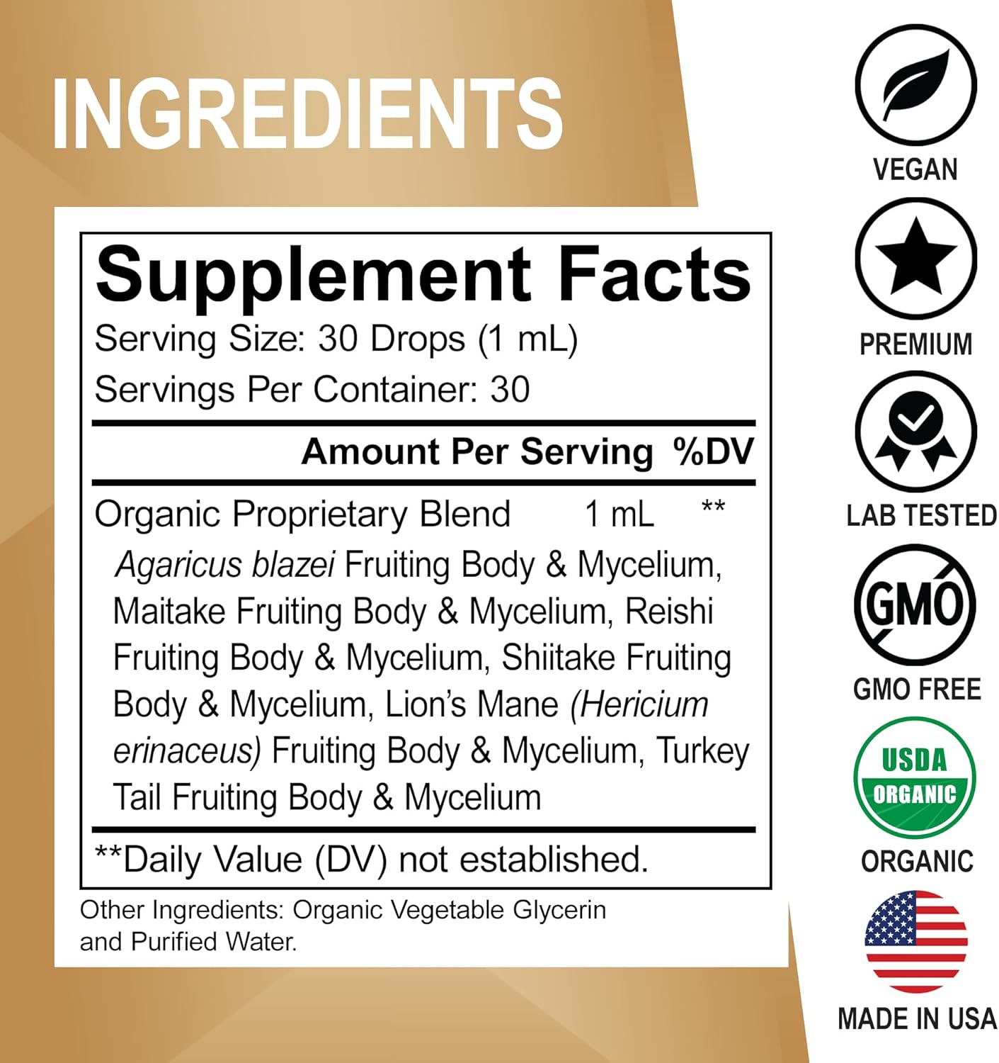 Organic Lions Mane Mushroom Complex Liquid Drops - Focus & Brain Health Supplement with Reishi & Turkey Tail Extracts - Vegan 1oz