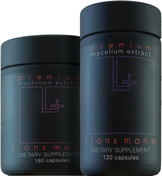 Organic Lion’s Mane Mushroom Extract 2-Pack - Fruiting Body 180 v-caps, Mycelium 120 v-caps for Brain and Nervous System Support