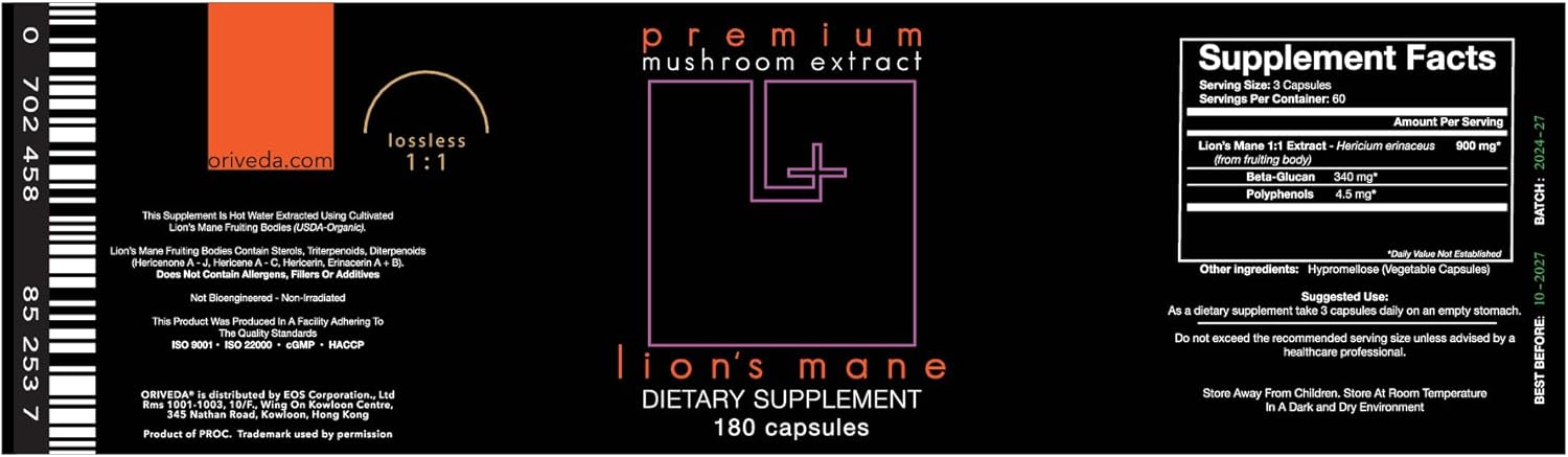 Organic Lion’s Mane Mushroom Extract 2-Pack - Fruiting Body 180 v-caps, Mycelium 120 v-caps for Brain and Nervous System Support