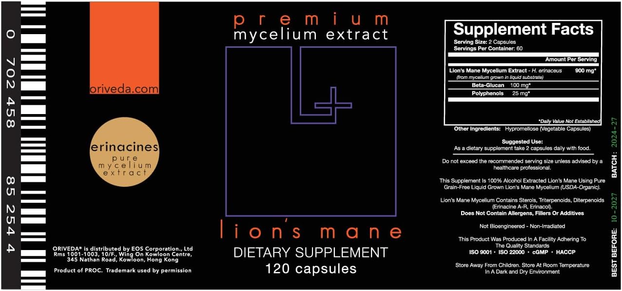 Organic Lion’s Mane Mushroom Extract 2-Pack - Fruiting Body 180 v-caps, Mycelium 120 v-caps for Brain and Nervous System Support