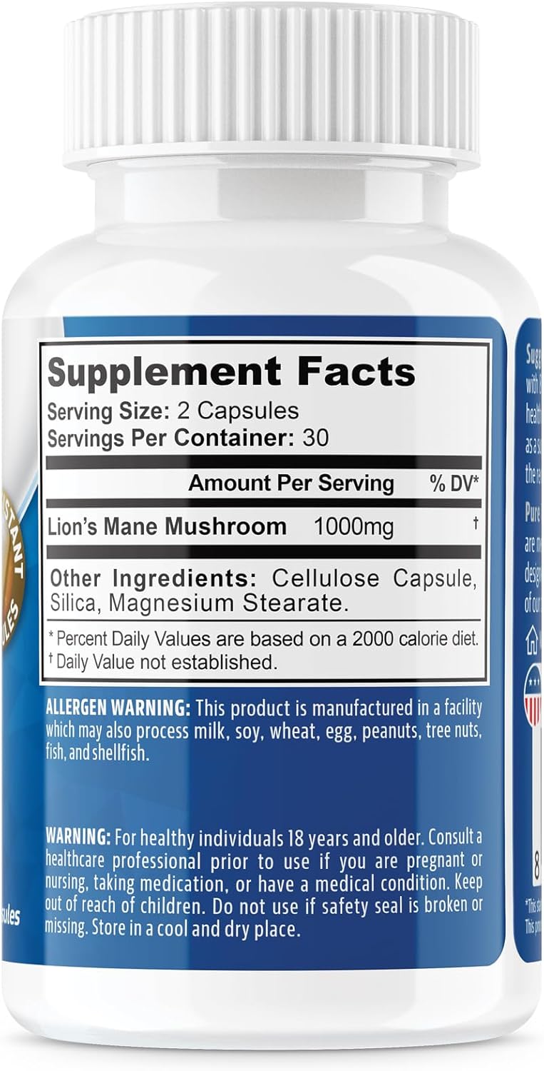 Organic Lions Mane Mushroom Extract Capsules - 60 Acid Resistant Capsules, Third Party Tested, cGMP Facility