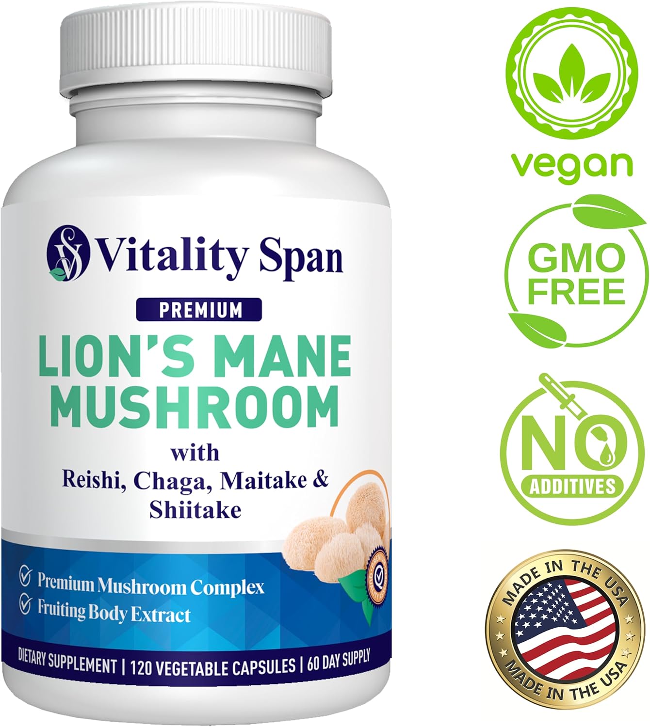 Organic Lions Mane Mushroom Extract Capsules - Chaga, Maitake, Reishi & Shiitake Blend for Mental Clarity & Focus - 120 Vegetarian Capsules