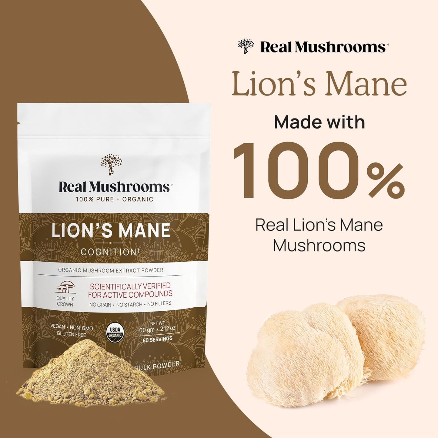 Organic Lions Mane Mushroom Extract Powder - Cognitive Function & Immune Support Supplement for Memory, Focus - Vegan, 60 Servings
